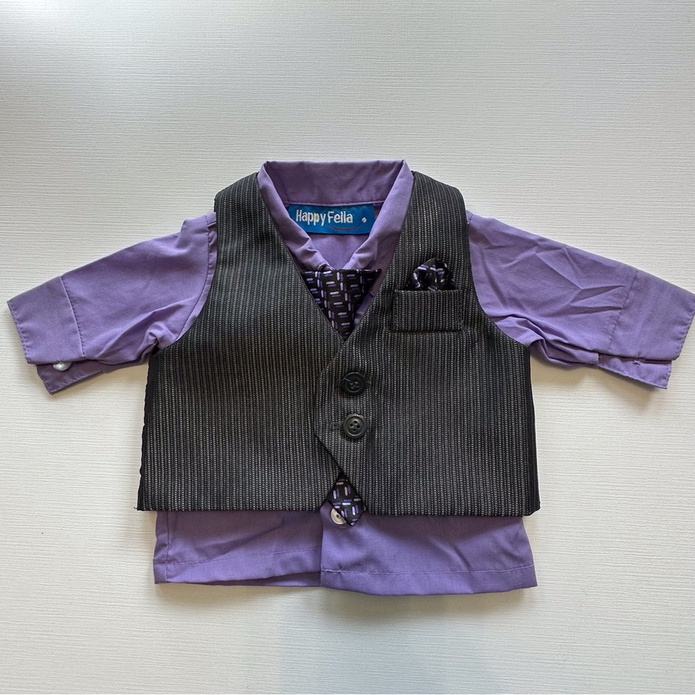 Happy Fella purple‎ dress shirt removable grey vest clip on tie baby boy 0-3 mo